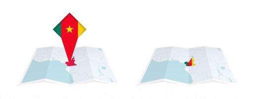 Two versions of an Cameroon folded map, one with a pinned country flag and one with a flag in the map contour. Template for both print and online design. vector