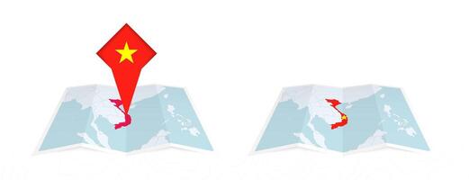 Two versions of an Vietnam folded map, one with a pinned country flag and one with a flag in the map contour. Template for both print and online design. vector