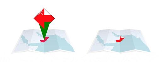 Two versions of an Oman folded map, one with a pinned country flag and one with a flag in the map contour. Template for both print and online design. vector