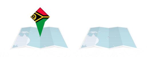 Two versions of an Vanuatu folded map, one with a pinned country flag and one with a flag in the map contour. Template for both print and online design. vector