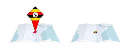Two versions of an Uganda folded map, one with a pinned country flag and one with a flag in the map contour. Template for both print and online design. vector