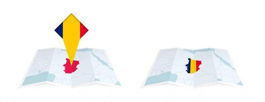 Two versions of an Chad folded map, one with a pinned country flag and one with a flag in the map contour. Template for both print and online design. vector