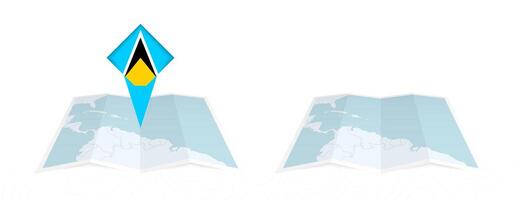 Two versions of an Saint Lucia folded map, one with a pinned country flag and one with a flag in the map contour. Template for both print and online design. vector