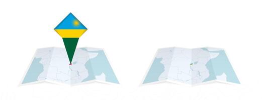 Two versions of an Rwanda folded map, one with a pinned country flag and one with a flag in the map contour. Template for both print and online design. vector