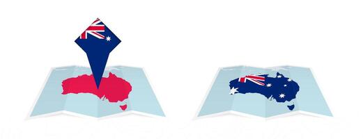 Two versions of an Australia folded map, one with a pinned country flag and one with a flag in the map contour. Template for both print and online design. vector