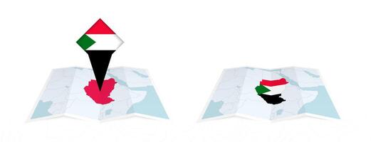 Two versions of an Sudan folded map, one with a pinned country flag and one with a flag in the map contour. Template for both print and online design. vector