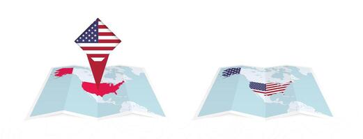 Two versions of an USA folded map, one with a pinned country flag and one with a flag in the map contour. Template for both print and online design. vector