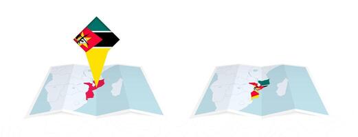 Two versions of an Mozambique folded map, one with a pinned country flag and one with a flag in the map contour. Template for both print and online design. vector