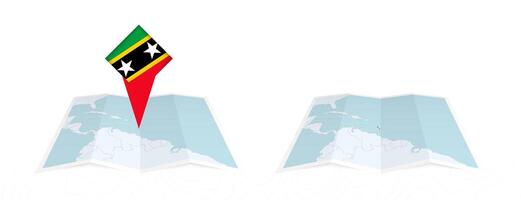 Two versions of an Saint Kitts and Nevis folded map, one with a pinned country flag and one with a flag in the map contour. Template for both print and online design. vector