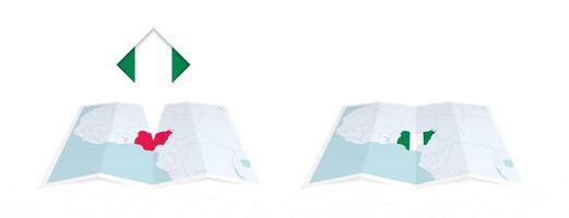 Two versions of an Nigeria folded map, one with a pinned country flag and one with a flag in the map contour. Template for both print and online design. vector