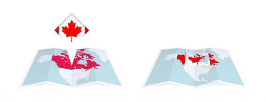 Two versions of an Canada folded map, one with a pinned country flag and one with a flag in the map contour. Template for both print and online design. vector