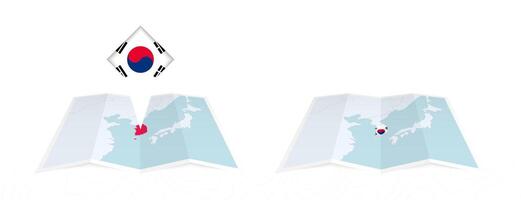Two versions of an South Korea folded map, one with a pinned country flag and one with a flag in the map contour. Template for both print and online design. vector
