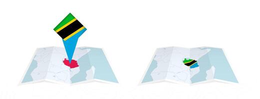 Two versions of an Tanzania folded map, one with a pinned country flag and one with a flag in the map contour. Template for both print and online design. vector