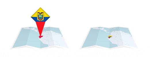 Two versions of an Ecuador folded map, one with a pinned country flag and one with a flag in the map contour. Template for both print and online design. vector
