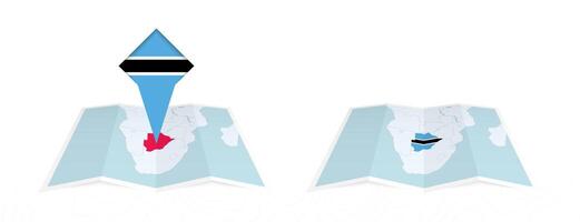 Two versions of an Botswana folded map, one with a pinned country flag and one with a flag in the map contour. Template for both print and online design. vector