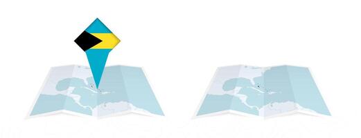 Two versions of an The Bahamas folded map, one with a pinned country flag and one with a flag in the map contour. Template for both print and online design. vector