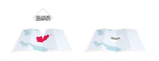 Two versions of an Afghanistan folded map, one with a pinned country flag and one with a flag in the map contour. Template for both print and online design. vector