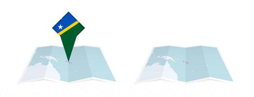 Two versions of an Solomon Islands folded map, one with a pinned country flag and one with a flag in the map contour. Template for both print and online design. vector