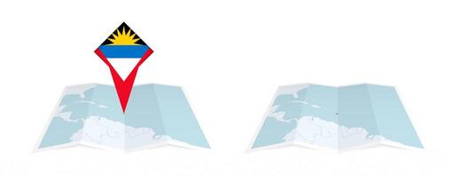 Two versions of an Antigua and Barbuda folded map, one with a pinned country flag and one with a flag in the map contour. Template for both print and online design. vector