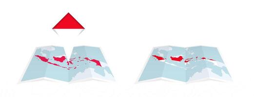 Two versions of an Indonesia folded map, one with a pinned country flag and one with a flag in the map contour. Template for both print and online design. vector