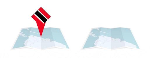 Two versions of an Trinidad and Tobago folded map, one with a pinned country flag and one with a flag in the map contour. Template for both print and online design. vector