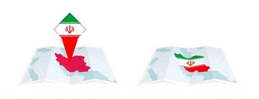 Two versions of an Iran folded map, one with a pinned country flag and one with a flag in the map contour. Template for both print and online design. vector