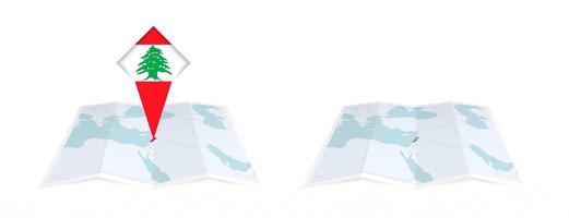Two versions of an Lebanon folded map, one with a pinned country flag and one with a flag in the map contour. Template for both print and online design. vector