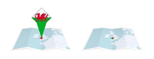 Two versions of an Wales folded map, one with a pinned country flag and one with a flag in the map contour. Template for both print and online design. vector