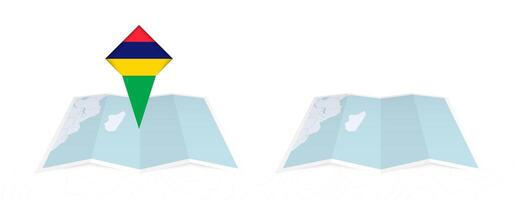Two versions of an Mauritius folded map, one with a pinned country flag and one with a flag in the map contour. Template for both print and online design. vector