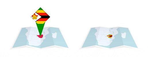 Two versions of an Zimbabwe folded map, one with a pinned country flag and one with a flag in the map contour. Template for both print and online design. vector