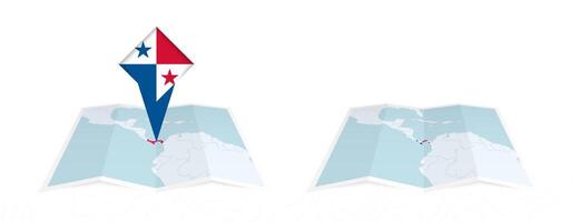 Two versions of an Panama folded map, one with a pinned country flag and one with a flag in the map contour. Template for both print and online design. vector