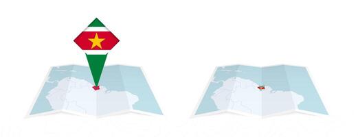 Two versions of an Suriname folded map, one with a pinned country flag and one with a flag in the map contour. Template for both print and online design. vector