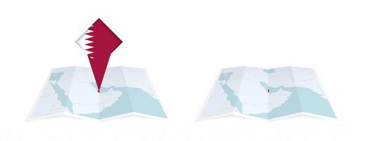 Two versions of an Qatar folded map, one with a pinned country flag and one with a flag in the map contour. Template for both print and online design. vector