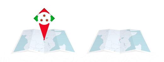 Two versions of an Burundi folded map, one with a pinned country flag and one with a flag in the map contour. Template for both print and online design. vector