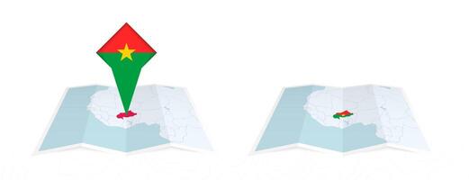 Two versions of an Burkina Faso folded map, one with a pinned country flag and one with a flag in the map contour. Template for both print and online design. vector