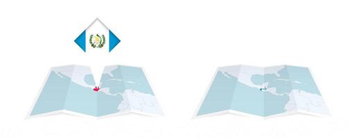 Two versions of an Guatemala folded map, one with a pinned country flag and one with a flag in the map contour. Template for both print and online design. vector