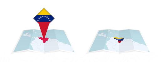 Two versions of an Venezuela folded map, one with a pinned country flag and one with a flag in the map contour. Template for both print and online design. vector