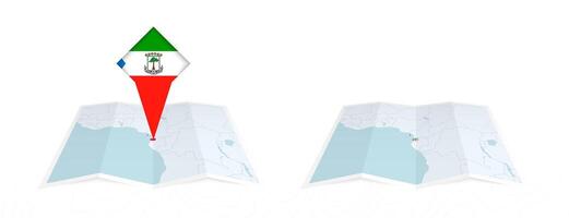 Two versions of an Equatorial Guinea folded map, one with a pinned country flag and one with a flag in the map contour. Template for both print and online design. vector