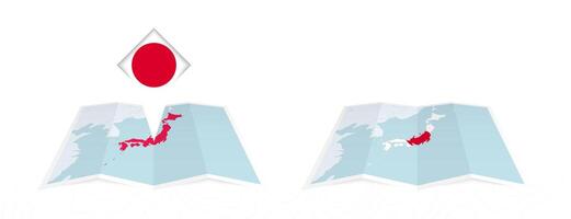 Two versions of an Japan folded map, one with a pinned country flag and one with a flag in the map contour. Template for both print and online design. vector