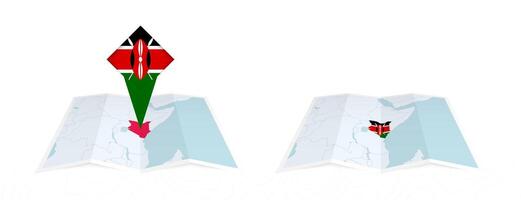 Two versions of an Kenya folded map, one with a pinned country flag and one with a flag in the map contour. Template for both print and online design. vector
