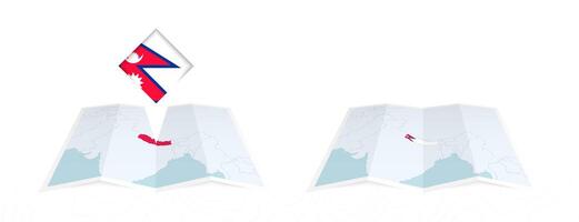 Two versions of an Nepal folded map, one with a pinned country flag and one with a flag in the map contour. Template for both print and online design. vector