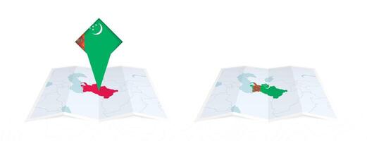Two versions of an Turkmenistan folded map, one with a pinned country flag and one with a flag in the map contour. Template for both print and online design. vector