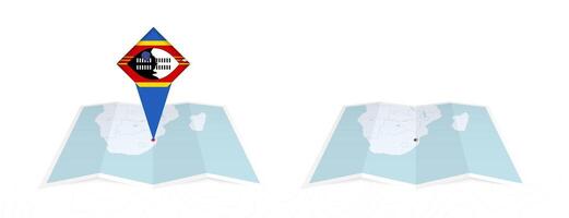 Two versions of an Swaziland folded map, one with a pinned country flag and one with a flag in the map contour. Template for both print and online design. vector