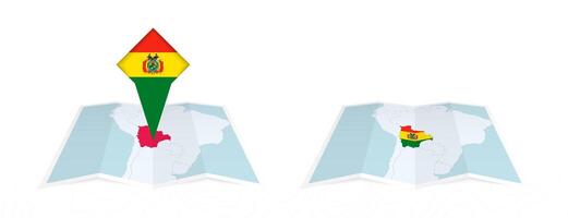 Two versions of an Bolivia folded map, one with a pinned country flag and one with a flag in the map contour. Template for both print and online design. vector