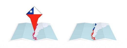 Two versions of an Chile folded map, one with a pinned country flag and one with a flag in the map contour. Template for both print and online design. vector