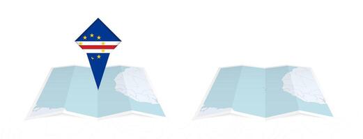 Two versions of an Cape Verde folded map, one with a pinned country flag and one with a flag in the map contour. Template for both print and online design. vector