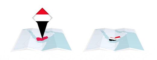 Two versions of an Yemen folded map, one with a pinned country flag and one with a flag in the map contour. Template for both print and online design. vector