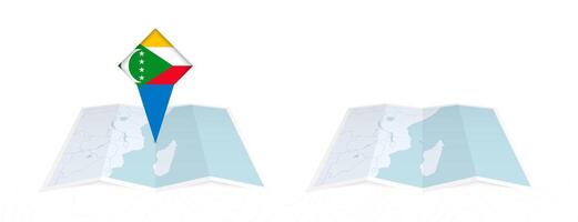 Two versions of an Comoros folded map, one with a pinned country flag and one with a flag in the map contour. Template for both print and online design. vector