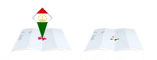 Two versions of an Tajikistan folded map, one with a pinned country flag and one with a flag in the map contour. Template for both print and online design. vector