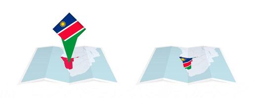 Two versions of an Namibia folded map, one with a pinned country flag and one with a flag in the map contour. Template for both print and online design. vector